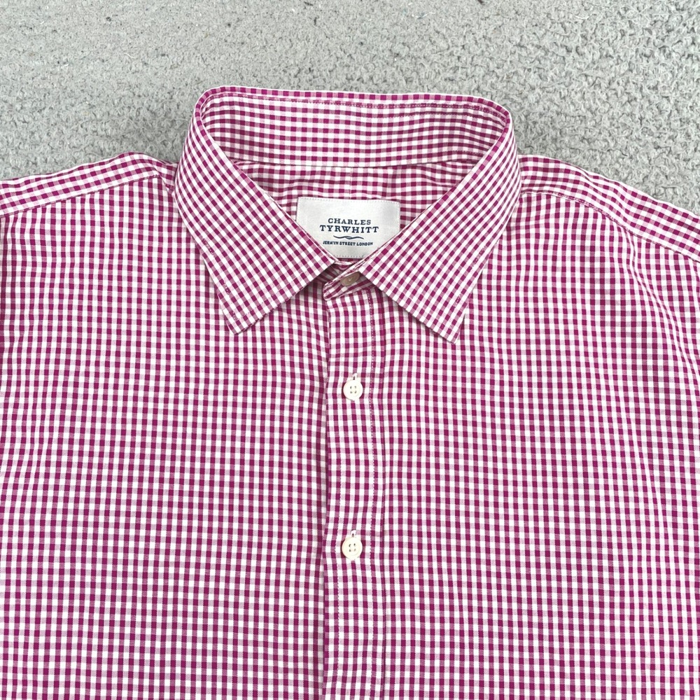 Charles Tyrwhitt Button Up Mens 17.5/36 Purple Gingham Check Dress Shirt Cotton